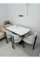 X Ayaklı Gloss Masa Teddy Kumaş Badem Sandalye, Açılır Mdf Masa Takımı 6 Kişilik