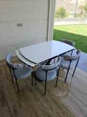 X Ayaklı Gloss Masa & Elisa Sandalye - Gri Kumaş 4 kişilik Masa Sandalye Takımı | 80x130-190 cm | Çift Kanat Açılır | Mutfak Salon