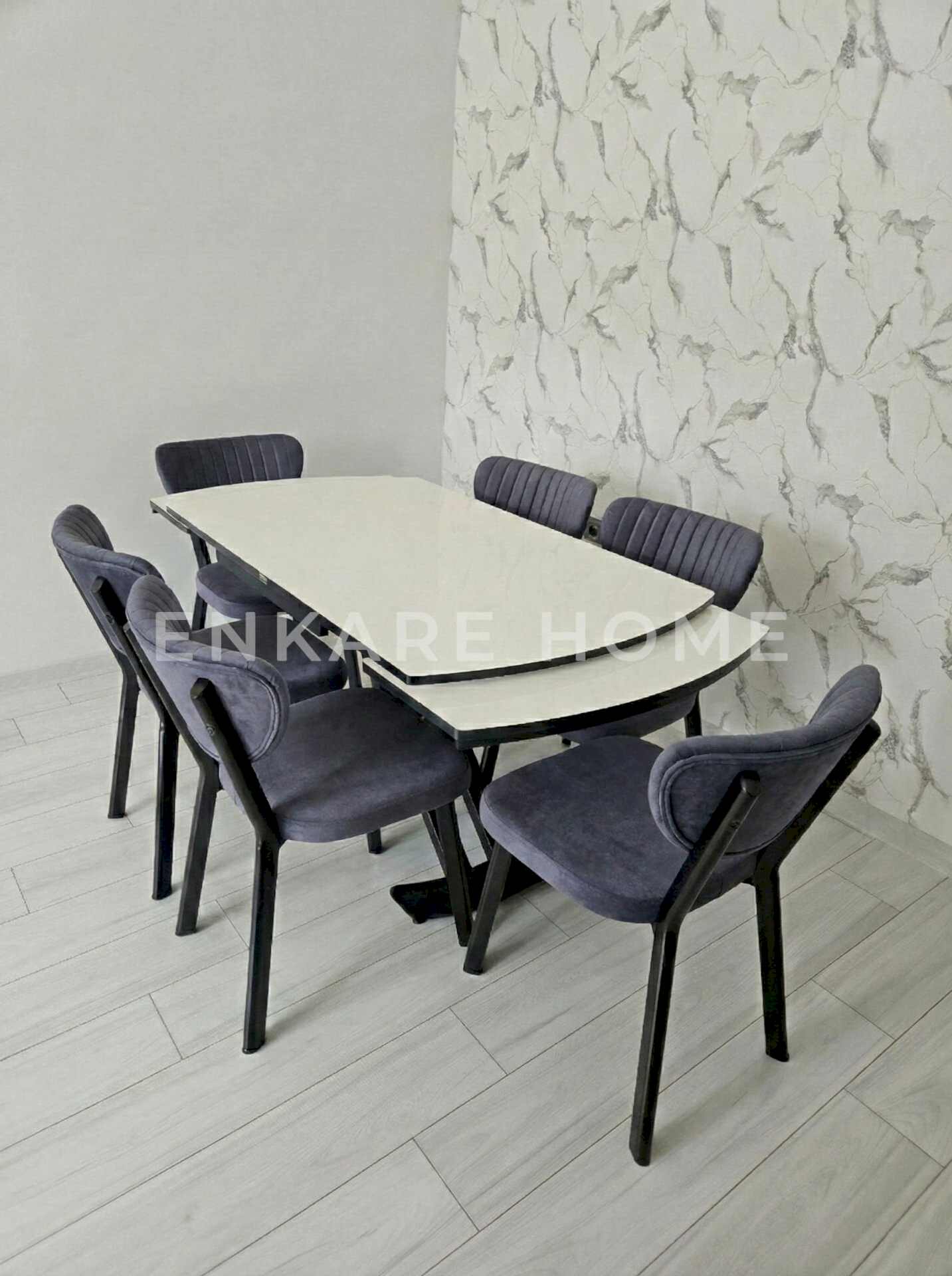 X Ayaklı Gloss Masa & Papatya Sandalye | 6 Kişilik Mutfak Masa Sandalye Takımı - Gri