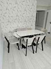 X Ayaklı Gloss Masa & Papatya Sandalye | 6 Kişilik Mutfak Masa Sandalye Takımı - Krem