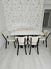 X Ayaklı Gloss Masa & Papatya Sandalye | 6 Kişilik Mutfak Masa Sandalye Takımı - Krem