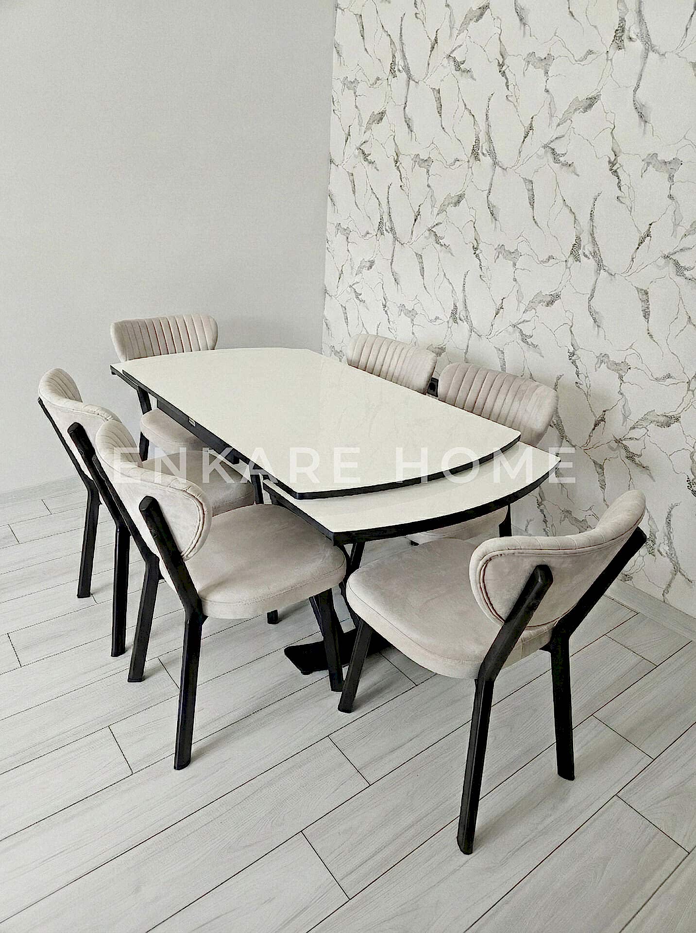 X Ayaklı Gloss Masa & Papatya Sandalye | 6 Kişilik Mutfak Masa Sandalye Takımı - Krem